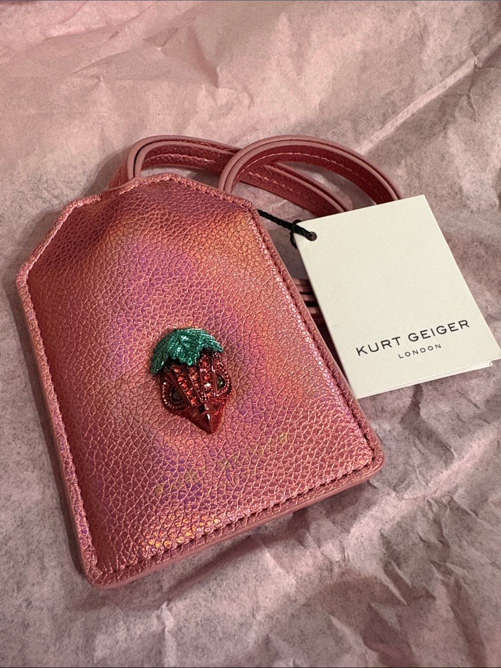 Kurt Geiger Pink Iridescent Card & Key Holder with Green-Red Embellished Charm
